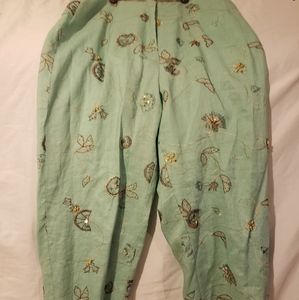 100% Linen Mint Green Embroidered Capris